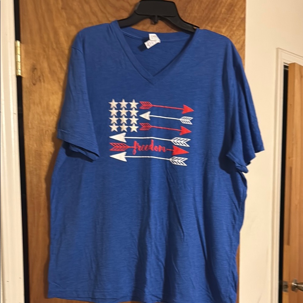 Blue V-Neck T-Shirt with Arrow and Star Design